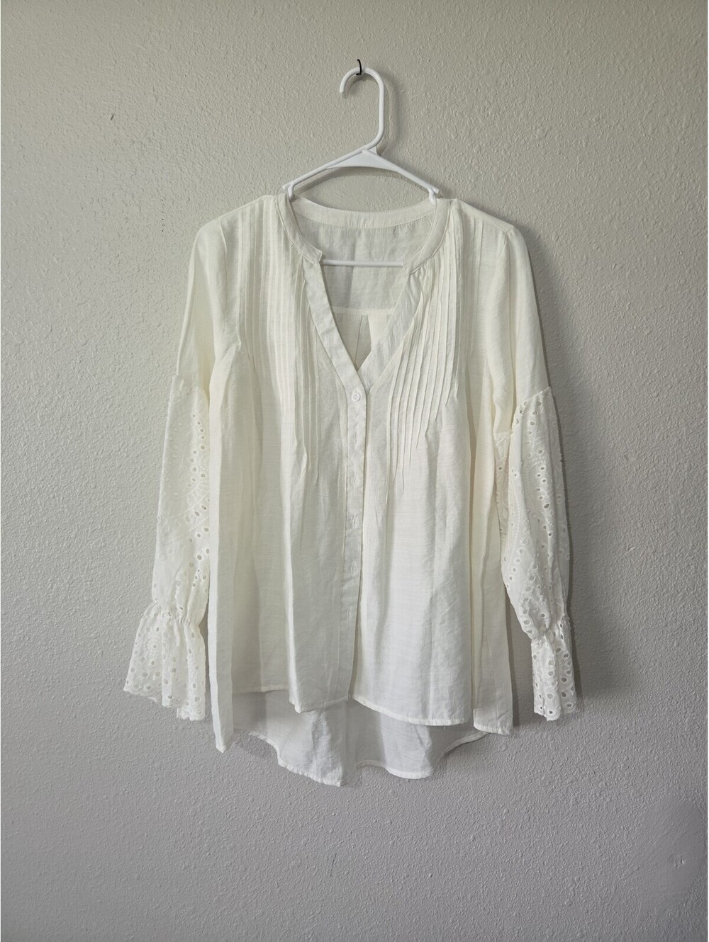 Women's White Long Sleeve Pleated Eyelet Blouse